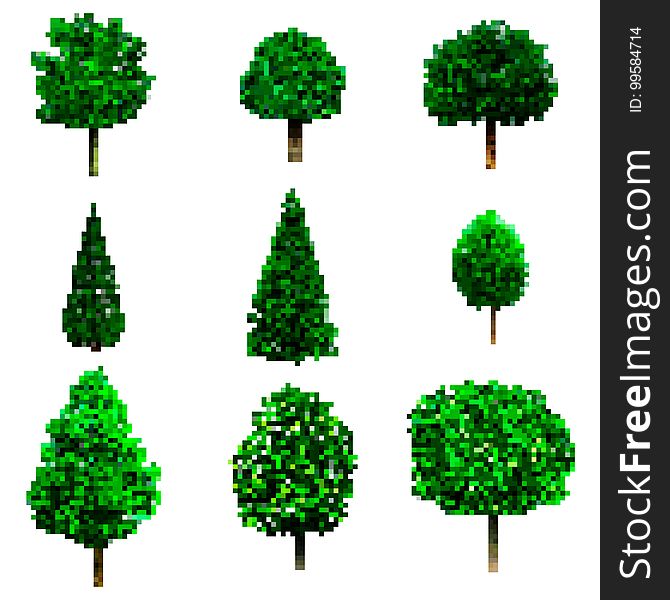 Pixel art trees collection isolated on white. vector trees set