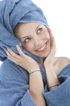 Young Woman Dressed Blue Bathrobe Stock Photo Young Woman Dressed Blue Bathrobe Stock Photo