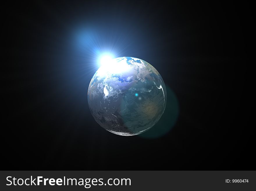 Sun emerging over planet earth. 3d illustration.