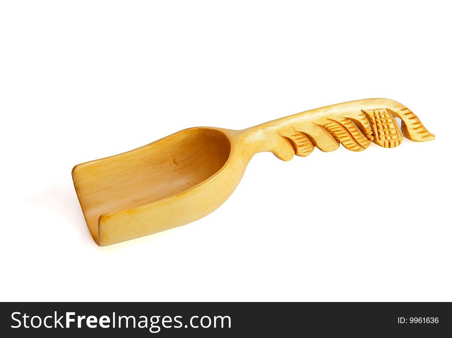 Wooden Scoop With Carved Handle Isolated