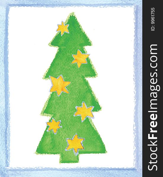 Beautiful fur-tree decorated by stars, a pastel an illustration