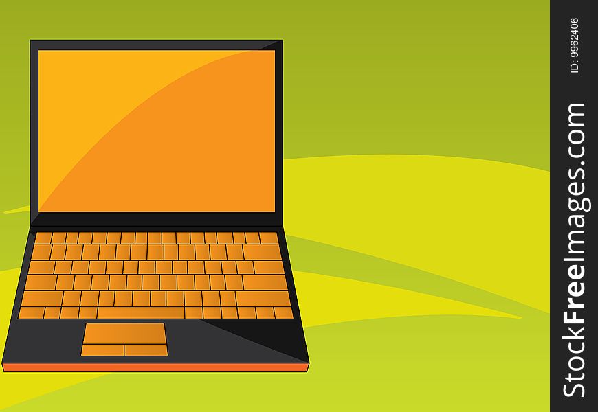 Orange - black open laptop in a green background. Orange - black open laptop in a green background