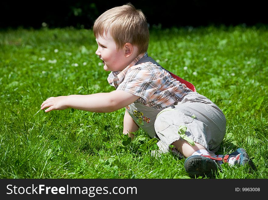 Child creeps on a green grass