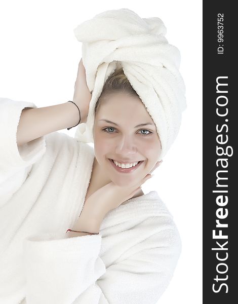 Beautiful woman with a white towel on her head isolated on white background