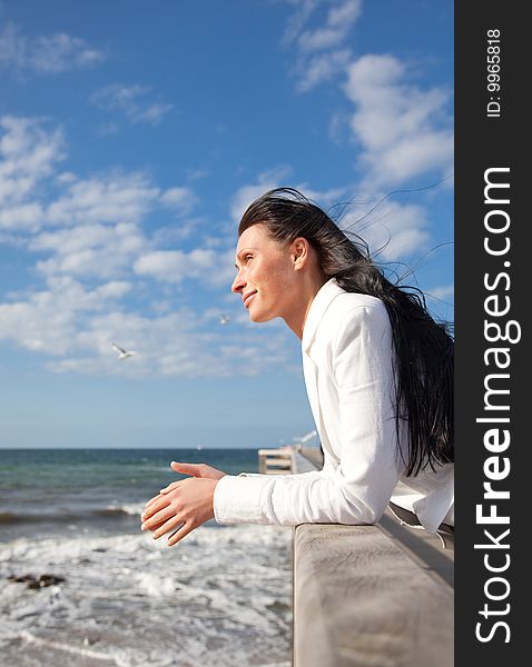 Brunette businesswoman with flying winday hair on boardwalk looking the wide coast space with flying seagulls in background feeling free. Brunette businesswoman with flying winday hair on boardwalk looking the wide coast space with flying seagulls in background feeling free