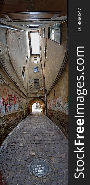 Walkway between old houses in the streets of Lvov