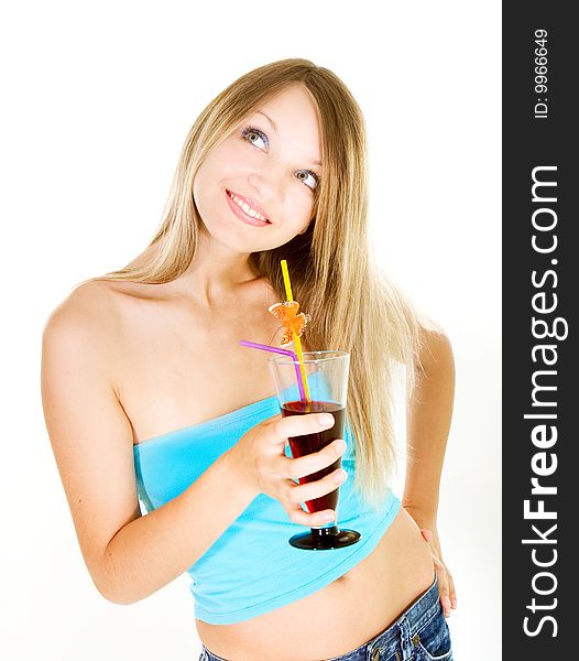 Attractive girl with glass of juice over white