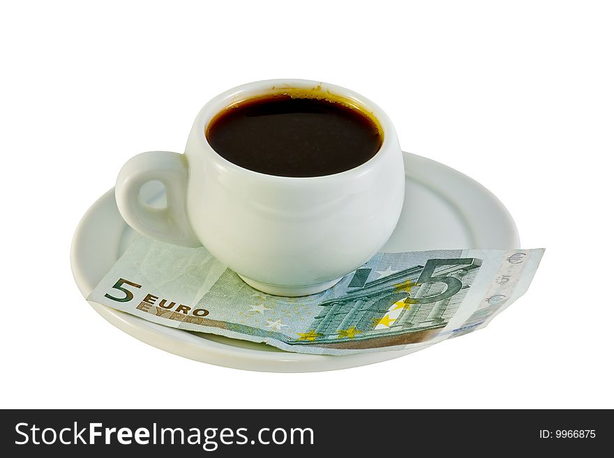 Cup of coffee at a five-euro notes