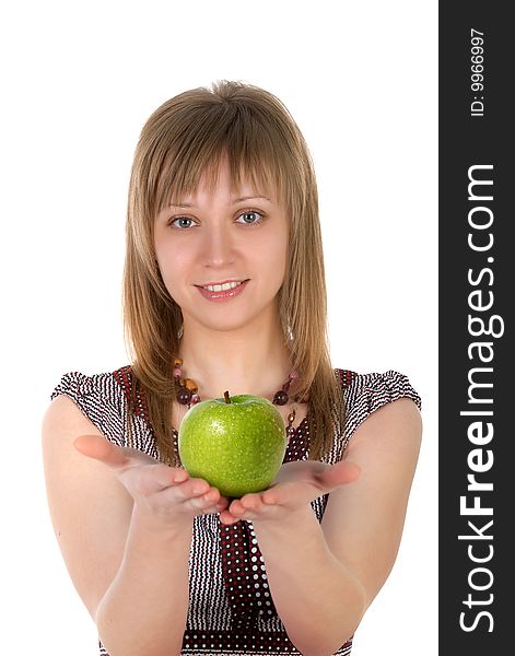 Pretty woman with apple on white background