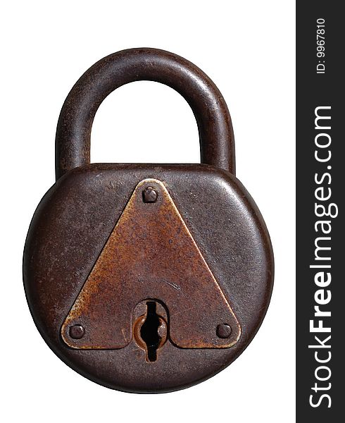 Closed old rusty padlock on a white background. Closed old rusty padlock on a white background