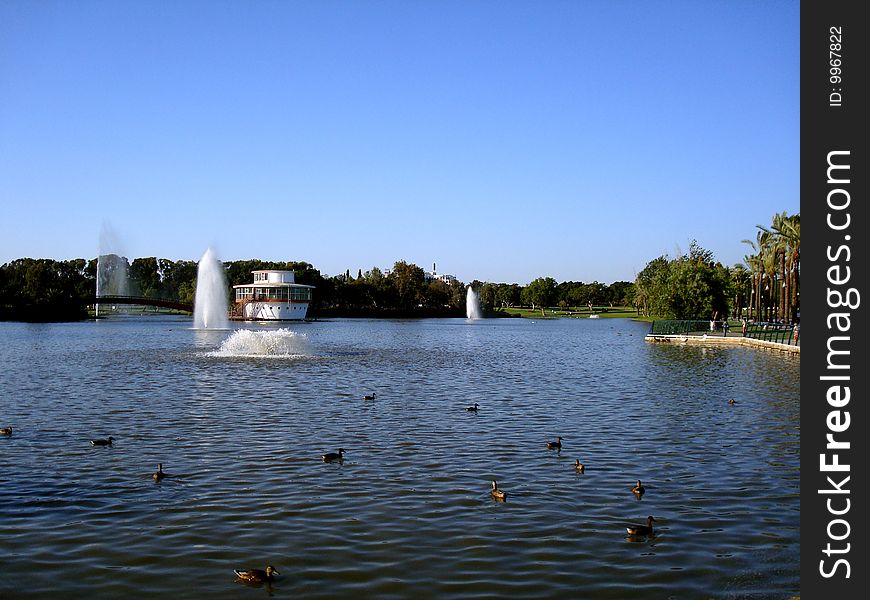 Lake and fountain  from park Leymi,Ramat Gan