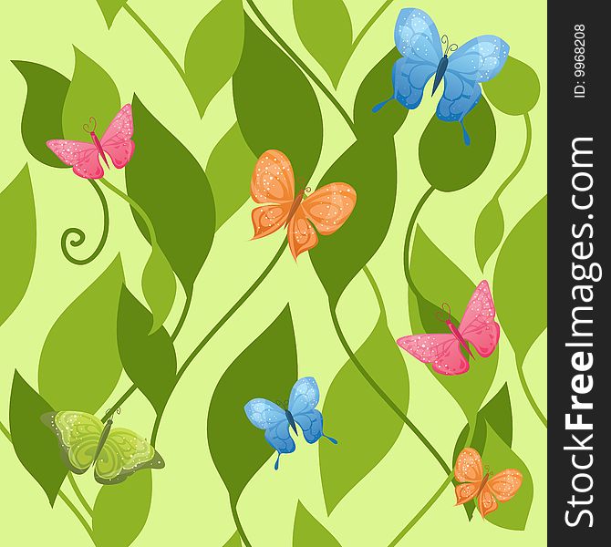 Seamless background with butterflies and leaves. Seamless background with butterflies and leaves