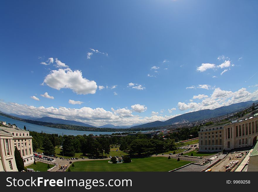 View of Lake Geneva from the United Nations in Geneva. View of Lake Geneva from the United Nations in Geneva.