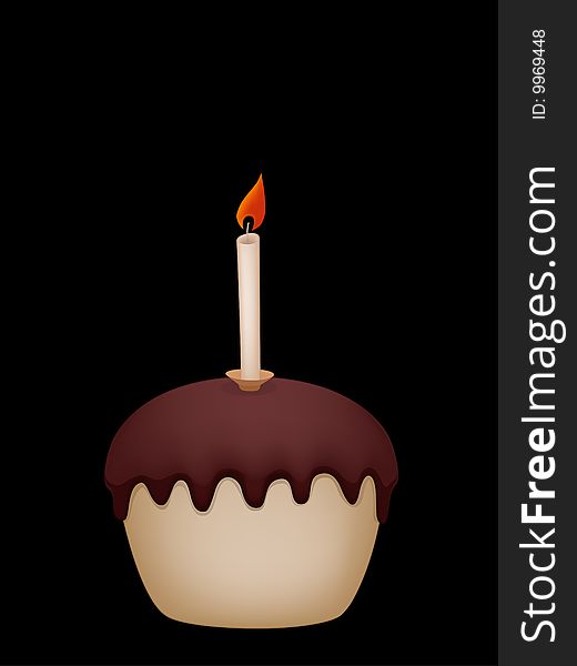 Delicious chocolate cake with candle, black background. Delicious chocolate cake with candle, black background