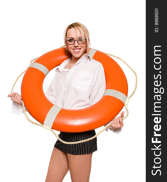 Businesswoman With Red Life Buoy