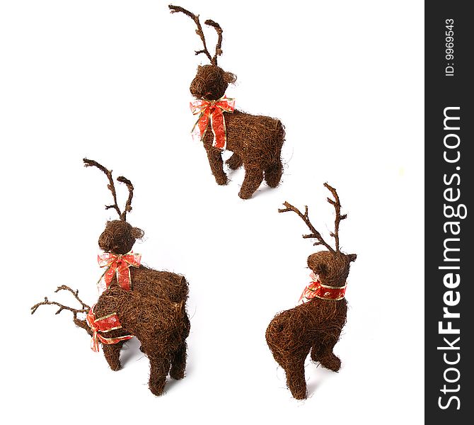 3 christmas reindeers positions with a red bow in the neck, isolated on white background