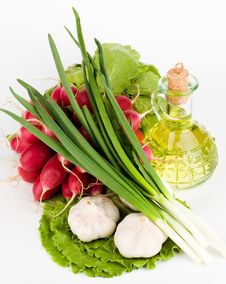 Green Vegetables And Bottle Of Oil Stock Photos Green Vegetables And Bottle Of Oil Stock Photos