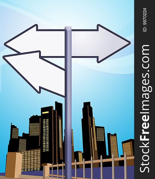 Direction sign in city background