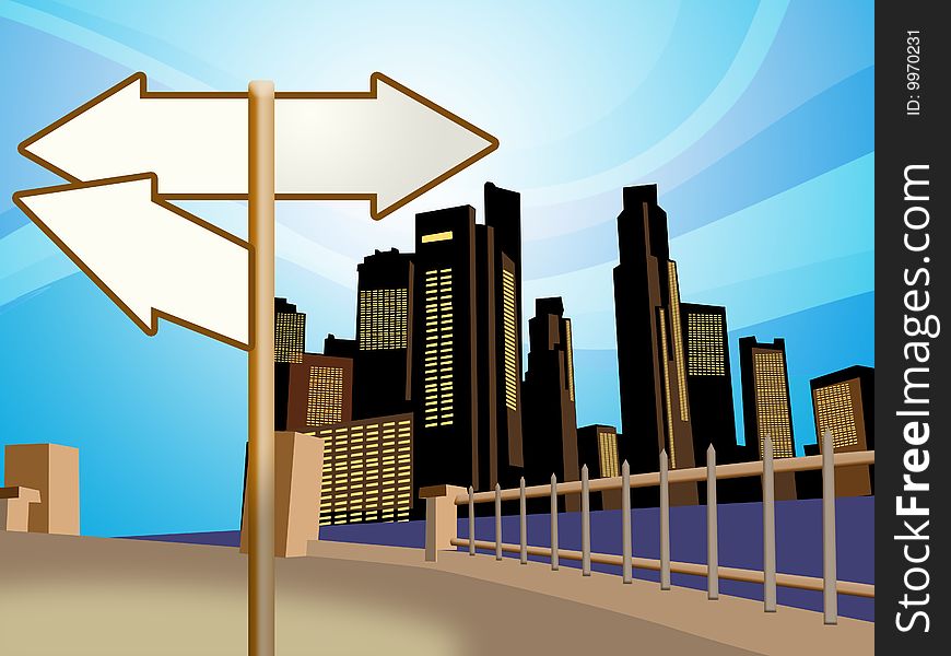 Direction sign in city background. Direction sign in city background