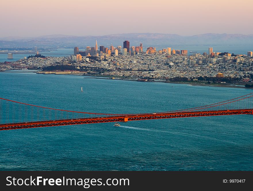San Francisco and Golden Bridge at sunset. San Francisco and Golden Bridge at sunset