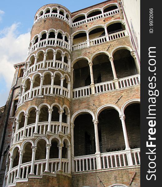 Venice snail tower with an exterior staircase