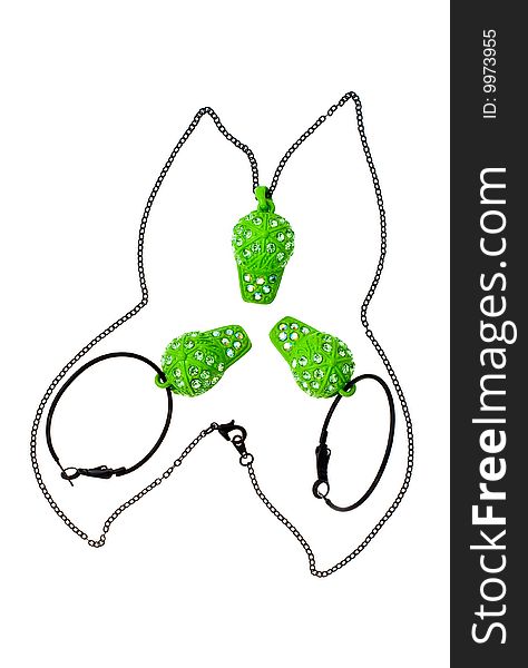 Original green chain and earring butterfly shaped on white background. Original green chain and earring butterfly shaped on white background