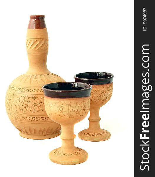 Pottery wine bottle and glasses