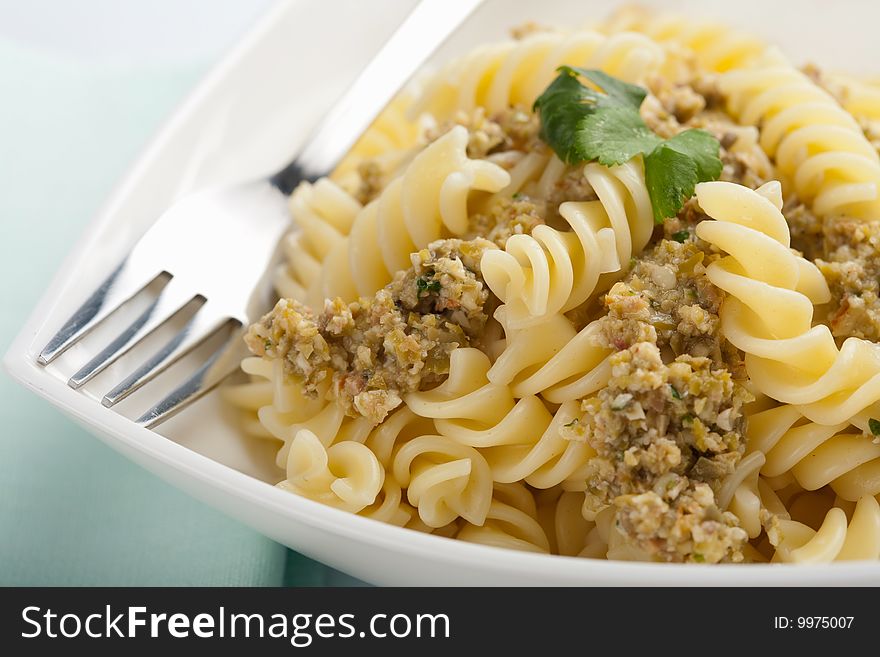 Tasty pasta with meat and vegetables