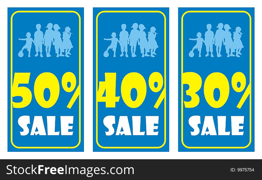Composition from three pictures. On them silhouettes of children and percent are represented. Inscription SALE is below located. Composition from three pictures. On them silhouettes of children and percent are represented. Inscription SALE is below located.