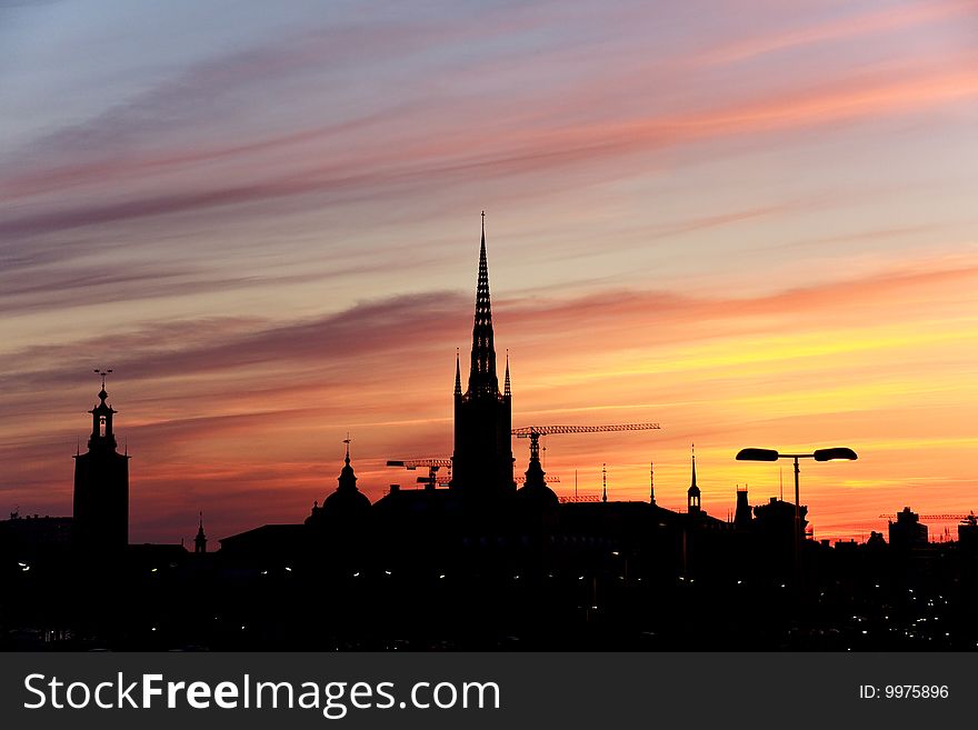 Silhouette of Stockholm, The City Hall, Riddarholm cathedral. Sweden.