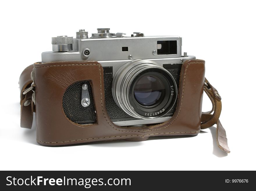 A classic manual film camera, on white. A classic manual film camera, on white.