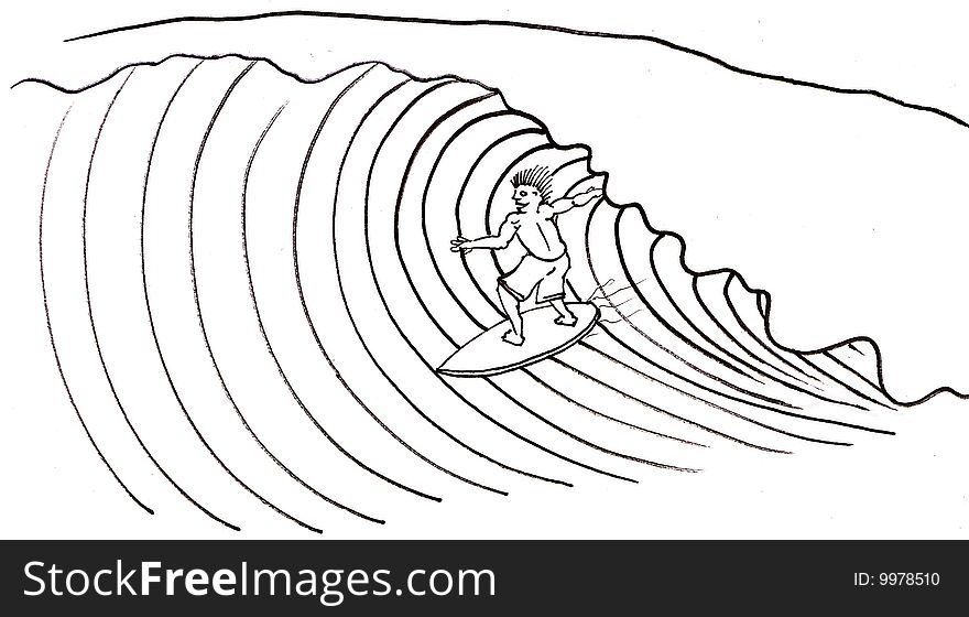 Hand drawn illustration of a surfer catching a big wave getting barreled. Hand drawn illustration of a surfer catching a big wave getting barreled