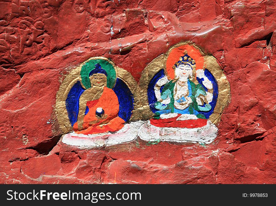 Buddha mural paintings in tibet,china.