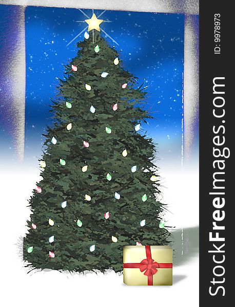 Christmas Tree with lights, Star and one present in snow scene