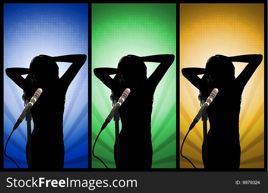 Silhouette and microphone of a lady performer singing. Silhouette and microphone of a lady performer singing