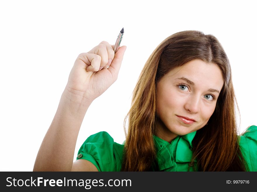 An image of a young lady with a pen. An image of a young lady with a pen