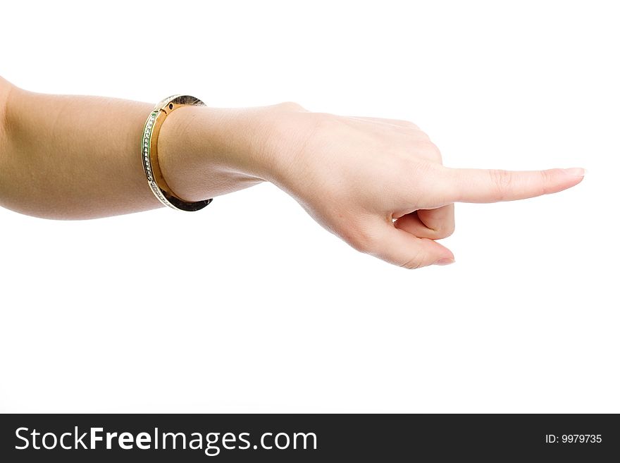 Female hand demonstrating gesture on the white background. Female hand demonstrating gesture on the white background