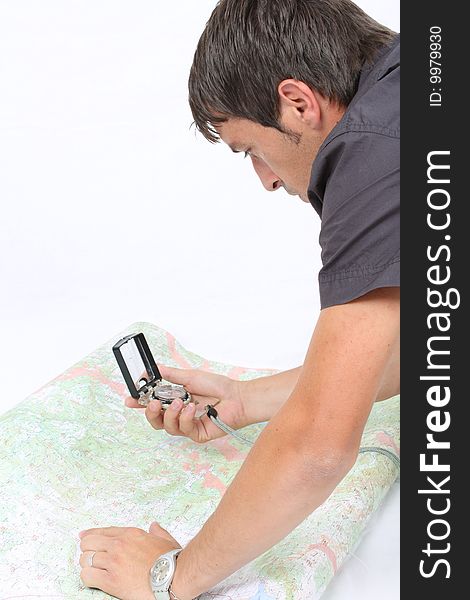 Cartographer using compass and GPS isolated. Cartographer using compass and GPS isolated