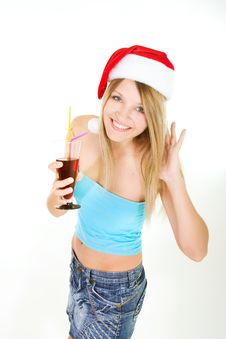 Santa Girl With Glass Of Juice Royalty Free Stock Photography Santa Girl With Glass Of Juice Royalty Free Stock Photography