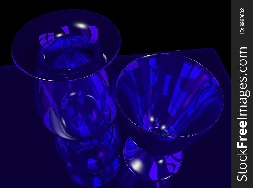 Blue glass vase and goblet on black