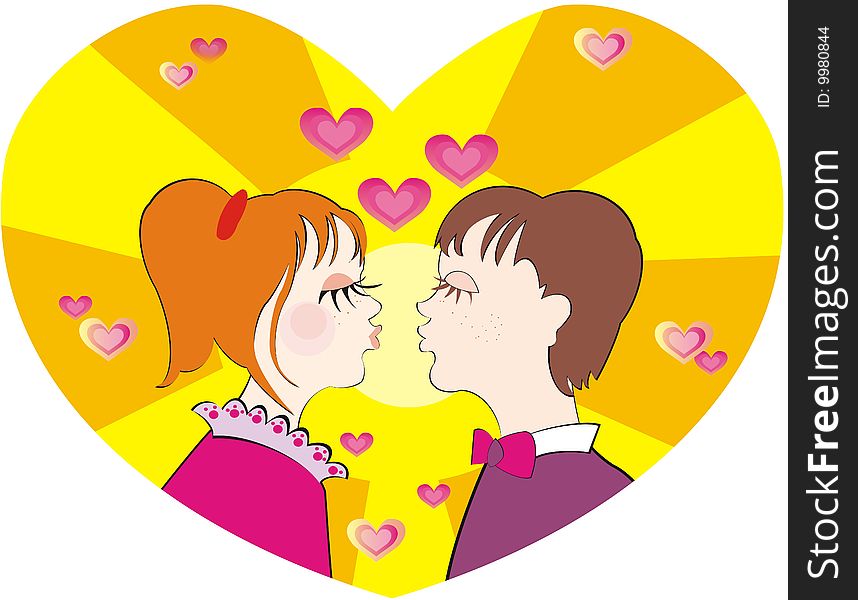 Vector illustration with kissing boy and girl