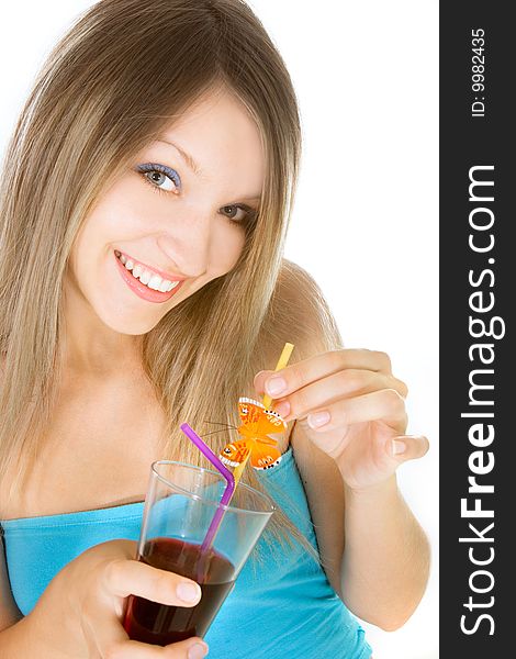 Beautiful girl with glass of juice over white