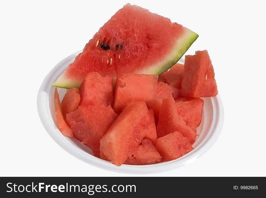 Juicy Astrakhan water-melon cut by slices on a white background