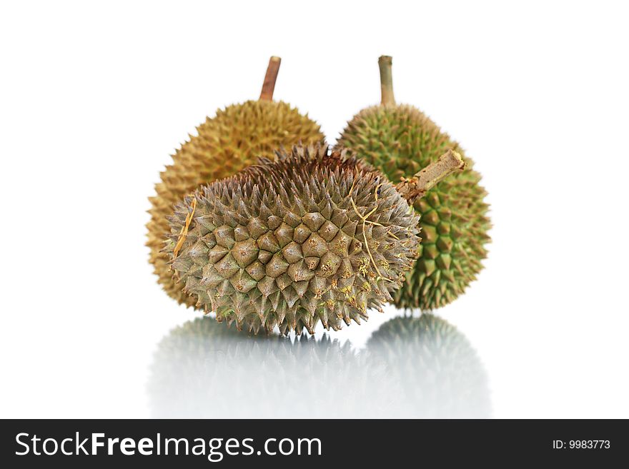 Three durians isolated on white background.