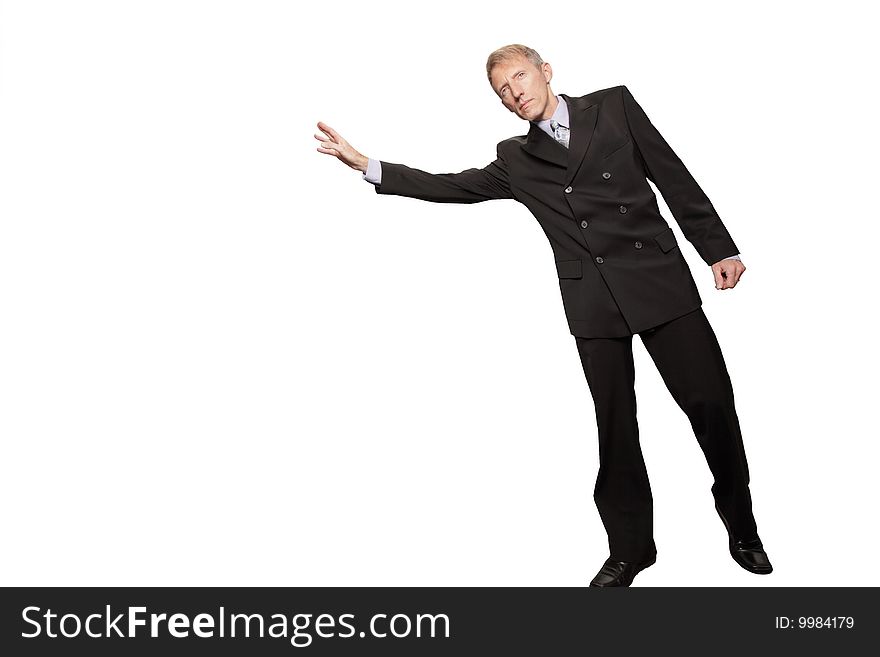 Businessman isolated on white  extending his arm outward. Businessman isolated on white  extending his arm outward