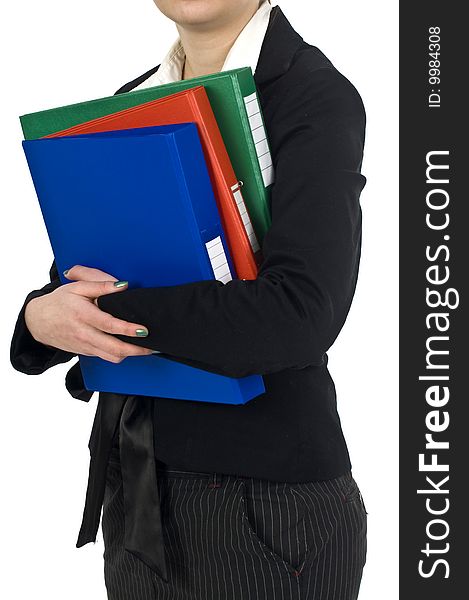 Woman keeping three color briefcases