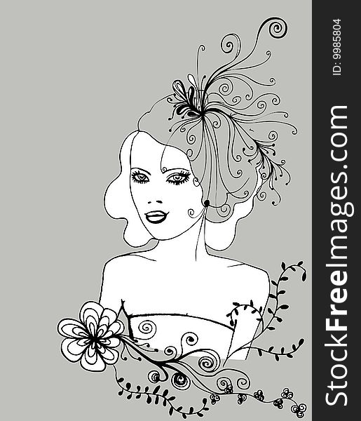 Creative and complex illustration with woman's face and flowers. Creative and complex illustration with woman's face and flowers