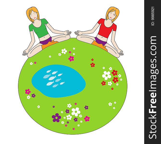 Illustration of two girls in a sitting postures on a green flowered planet. Illustration of two girls in a sitting postures on a green flowered planet