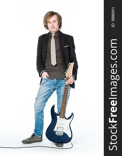 Young man with electro guitar, isolated on white background