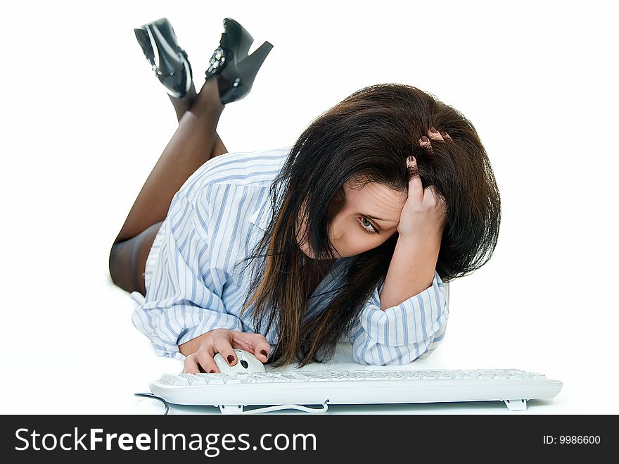 Young woman in shirt with keyboard and mouse. Young woman in shirt with keyboard and mouse